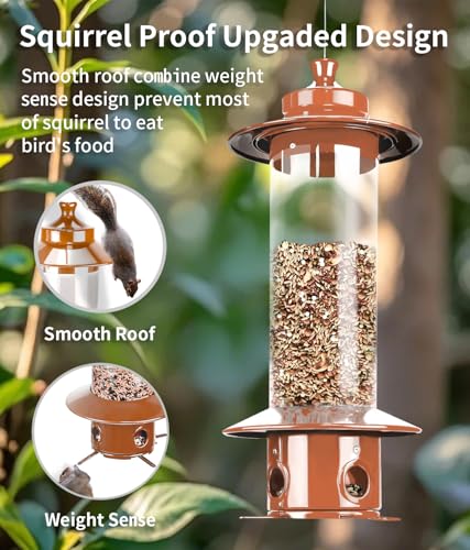 Squirrel Proof Bird Feeders for Outdoor: 4.8LB Large Capacity Hanging Bird Feeder, Weight-Activated Mechanism Wild Bird Feeders, Chew-Proof Metal Birdfeeder for Finch Cardinal Chickadee - color: Red Copper
