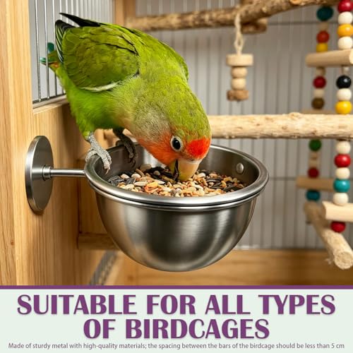 Anti-Tip Bird Bowls for Water and Food, Heavy Duty 304 Stainless Steel Parrot Feeder Cups with Locking Buckle, Bird Cage Accessories for Parakeet Cockatiel Conure Budgie, 12.5oz