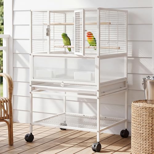 GarveeHome Small Bird Cage with Wheels, 40 Inch Parakeet Cage with Top Stand, 3 in 1 Bird Carrier for Parakeets, Canaries, Lovebirds, Small Quaker, Cockatiels, Budgie, Green Cheek,Conure - color: White, size: 32'' H
