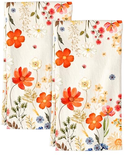 150GSM Flour Sack Kitchen Towels Set of 2, Red Flower | 18"x26", Lightweight, Lint-Free, Pure Cotton, Decorative, with Hanging Loop, Absorbent, Softer after Wash, Giftable Package - color: Red Flower