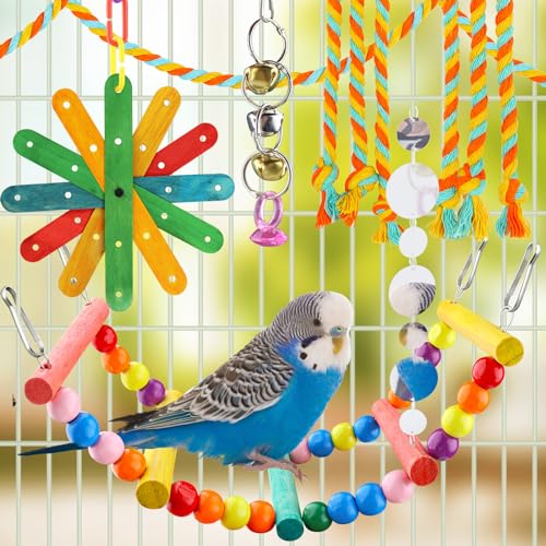 QUOZUO 8 pcs Bird Toys for Parakeets with Colorful Ladder Hammock Bird Cage Accessories Bird Perch Stand Chewing Toys Hanging Bell Parrot