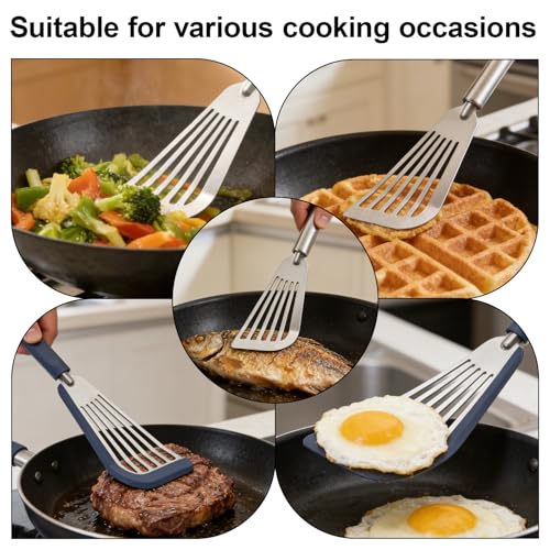 3pcs Silicone Fish Spatula Set with Stainless Steel Turner & Tongs Tweezers, Heat-Resistant Flexible Kitchen Utensils for Nonstick Cookware for Flipping Fish Meat Pancakes Eggs & Burgers