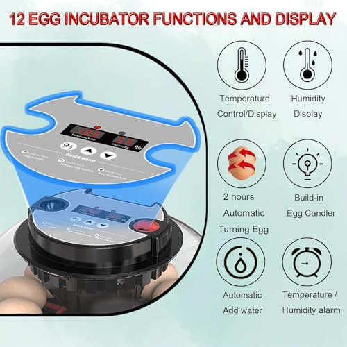 12 Egg Incubator with Auto Turner, Built-in Candler & Humidity Display | Suitable for Hatching Chicken Duck Quail Bird - size: 12 Egg