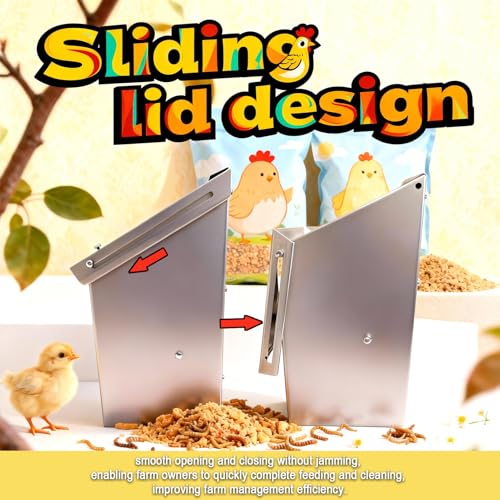 Stainless Steel Poultry Feeder 20Lbs - Manual Feed Quantity Control & Wall Mount Gravity Feeder with Push Pull Lid - Food Dispenser for Chickens Ducks Geese