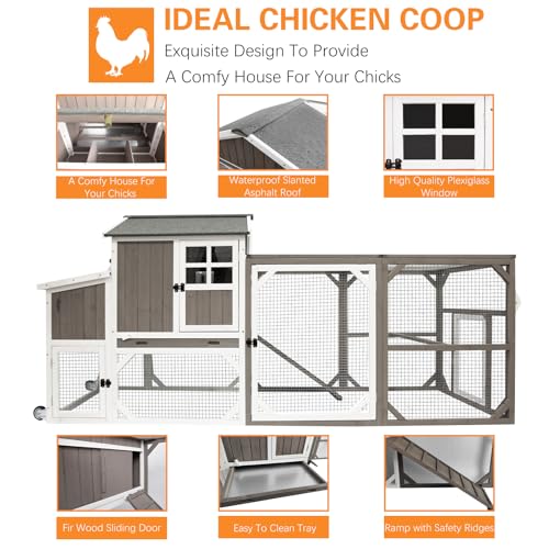 PetsCosset 95.3" L Portable Chicken Coop Tractor Hen House with Nesting Box,Chicken Coops Chicken House,2 Story Wooden Indoor Outdoor Poultry Cage for 3-5 Chicken with 6 Access,Pull-Out Tray,Grey - size: 95.3" L - Grey