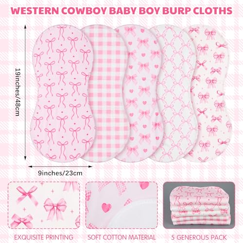 SmoothNovelty 5 Pack Pink Bow Baby Burp Cloths Soft Absorbent Burping Rags for Newborns 19"x9" Spit up Cloths for Boy Girl Newborn Baby Shower Registry Gifts Set Nursery Decor - style: Pink Bow