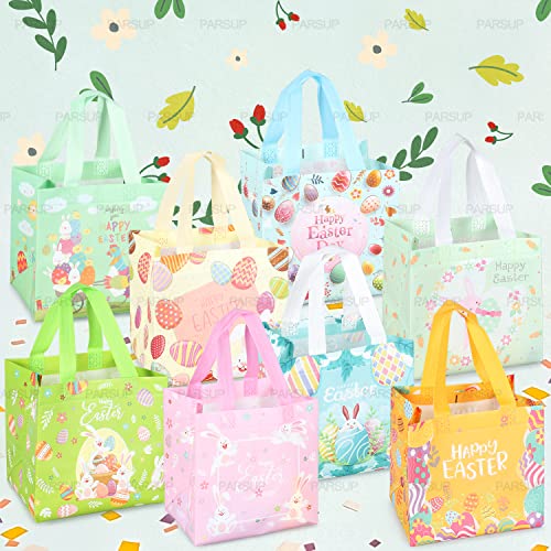PARSUP 8PCS Happy Easter Bags Bunny Carrot Chick Egg Treat Gift Non-Woven Bags with Handles for Gifts Wrapping, Egg Hunt, Easter Party Supplies, 8.3×7.9×5.9inch - color: Green Pink Orange Blue