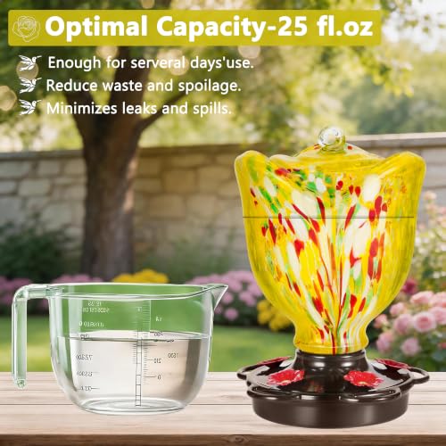 LUJII Rose Shaped Hummingbird Feeder for Outdoor Hanging, Hand-Blown Glass, 25 fl.oz, Leak-Proof and Rustproof, with Ant Moat and 5-Port Metal Cover, Yellow - color: Yellow