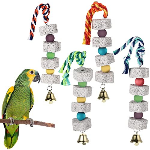 Sanwuta 4 Pack Bird Toy Bird Beak Grinding Stone Parrot Chewing Toys with Bell Bird Cage Accessories Parrot Beak Stone Lava Block Calcium Stone for Parakeet Cockatiel Conure Hamster Chinchilla Rabbit