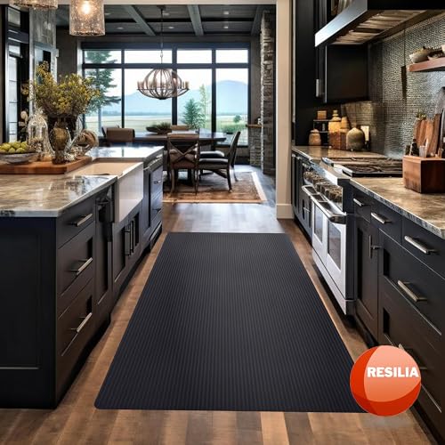 RESILIA Black Plastic Floor Runner - Embossed Wide Rib Waterproof Vinyl, Heavy Duty Protector Mat for Indoor Hardwood, Hard Floors, Garage, Entryway, Kitchen, & Outdoor Use, 36” x 12’, Made in USA - size: 36" x 12'
