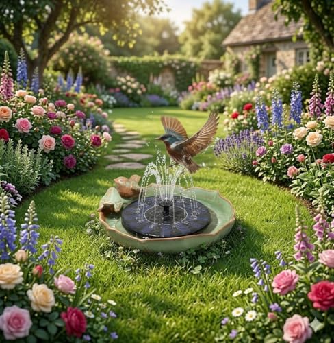 Solar Hummingbird Fountain,Ceramic Birdbath Bowl Water for Outdoor, Solar Powered Ground Bird Feeders and birdbath for Outdoors, Tabletop, Deck, Balcony Patio, Lawn,Yard Garden Decor - style: birdbathwithfundation