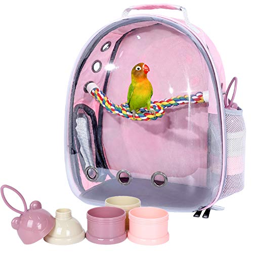 Pink Bird Backpack Carrier with Portable Bird Feeder Cups, Pet Bubble Carrier for Pet Birds, Airline-Approved, Ventilate Transparent Space Capsule Carrier Backpack for Travel, Hiking and Outdoor Use