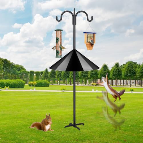 Heavy Duty Shepherds Hook Squirrel-Proof Bird Feeder Pole 108" Double Hooks 5-Prong Base & 19" Baffle for Outdoor Feeders & Plants - color: w/ Squirrel Baffle, size: 108" Double Hook