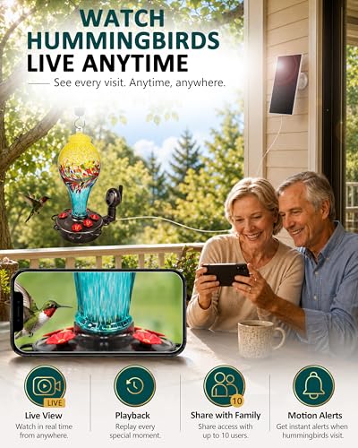 LUJII Smart Hummingbird Feeder with Camera for Outdoor Hanging, Hand Blown Glass, Solar WiFi Feeder with Live View App, 6 Feeding Ports, Leak-Resistant Design, Ant Moat & Gift Box, 36 fl oz, Yellow - color: Yellow, size: X-Large