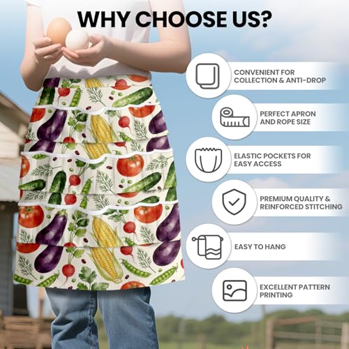 CUTHOLLOW Egg Collecting Apron for Adlut, Housewife, 18 Deep Pockets Hen Egg Gathering Holding Apron with Elastic Closures - style: Vegetables and Farm