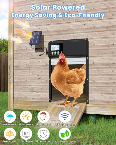 Automatic Chicken Coop Door Solar Powered, WiFi Automatic Chicken Door APP Control, Solar Chicken Coop Door Timer & Light Sensor, Auto Chicken Coop Door Opener LCD Display Aluminum Anti-Pinch Design