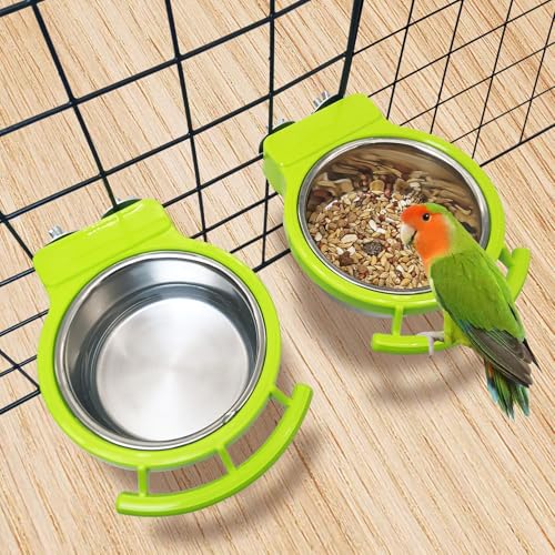 BNOSDM 2 PCS Stainless Steel Bird Bowls Bird Feeding Dish Water Cups Perch Stand Hanging Parakeet Food Container Food and Water Bowls with Spoon for Budgie Cockatoo Finch Lovebirds (Green) - color: 2 Pcs Green