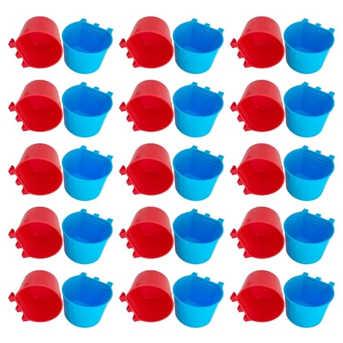 30 Pcs Cage Cups Birds Feeders Bowl Chicken Feeding Watering Dish Hanging Wire Cages Box Coop Cups for Pet Parrot Parakeet Gamefowl Poultry Pigeon and Quail（Blue and Red） - size: 30 pcs