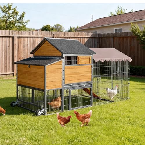 Mobile Chicken Coop with Wheels for 6–8 Chickens, Large Outdoor Chicken Coop with Run, Weatherproof Asphalt Roof, Dividable Nesting Boxes and Pull Out Trays，85.6" L x 40.6" W x48.2 H