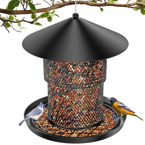 Bird Feeder for Outdoor Hanging, No Mess No Spill and Squirrel Proof Feeder | Squirrel Proof Bird Feeder with Catch Tray - Large Capacity All-Metal for Outside Hanging