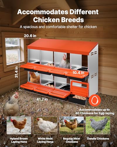 VEVOR 2 Tiers Chicken Nesting Boxes, 8 Compartments, Metal Egg Laying Boxes with Protective Collection Lids, Roll Out Nesting Box, Easy to Assemble, Ideal for Hens, Ducks, Chickens, and Other Poultry - size: 41.7"L x 20.6"W x 31.4"H