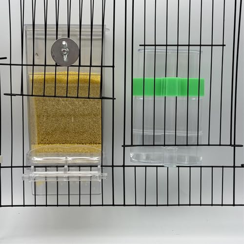 Automatic No Mess Bird Feeder Water Dispenser Set | Acrylic Transparent Parakeet Cage Accessories Bird Feeder and Waterer in Cage for Small and Medium Cockatiel Finche Lovebird - color: Transparent + Green
