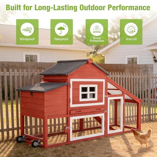 GUTINNEEN Chicken Coop with Wheels,Outdoor Hen House with Waterproof Asphalt Roof, Wooden Poultry Enclosure with Easy-Clean Slide-Out Tray,Poultry Cage with Nesting Boxes for Duck Rabbit Chicken-Red - size: 67.3"L x 26"W x 39.4"H-Red