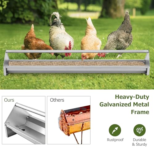 GIANTEX Chicken Feeding Trough 45" Long - Heavy Duty Galvanized Steel Chicken Feeder with Crossbar, Drainage Holes, Large Capacity Poultry Feeder Trough for Duck Geese Turkey Pigeon, Easy to Clean