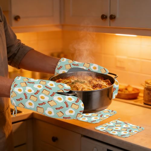 Heat Resistant Pot Holders and Oven Mitts,Funny Poached Eggs Extra Long Kitchen Oven Mitt Set,Cute Bread Cotton Lining Anti-Slip Waterproof Kitchen Mittens Hot Pan Holder for Baking Cooking Grilling - color: Funny Poached Eggs