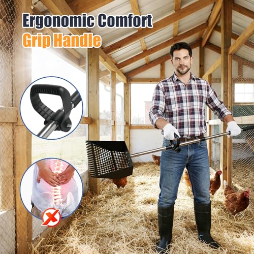 12" Wide Chicken Poop Scooper, 2-in-1 Chicken Poop Scoop Rake, Stainless Steel Scoop, Adjustable Handle, for Chicken Coop, Farm & Pet Waste Cleanup - color: 12" Wide, size: 63.0"L x 12.0"W x 3.0"H