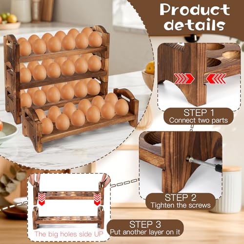 4-Tier Wooden Egg Holder Countertop, Egg Holder for Fresh Eggs, Farmhouse Kitchen Egg Tray Rack Holds 48, Firewood Stackable Egg Storage Basket with Carry Handle for Kitchen Refrigerator Counter