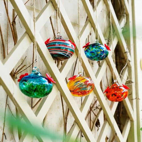 3in Blown Glass Hummingbird Feeders for Outdoors with 2 Feeding Ports | Attract Hummingbirds, Ant and Bee Resistant, Easy Hanging - color: B