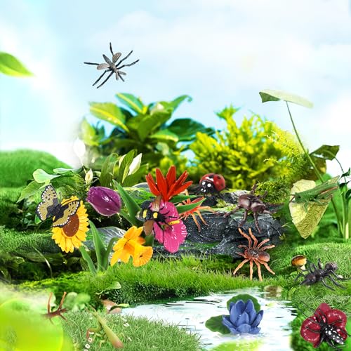 20Pcs Realistic Insect Toys Set with Flower and Bug Figures for Kid | Fake Bug Toys, Ideal for Halloween, Birthday Party Favors, Cupcake Topper, Education, April Fool's Day Prank Gifts, Non-toxic - style: Insect