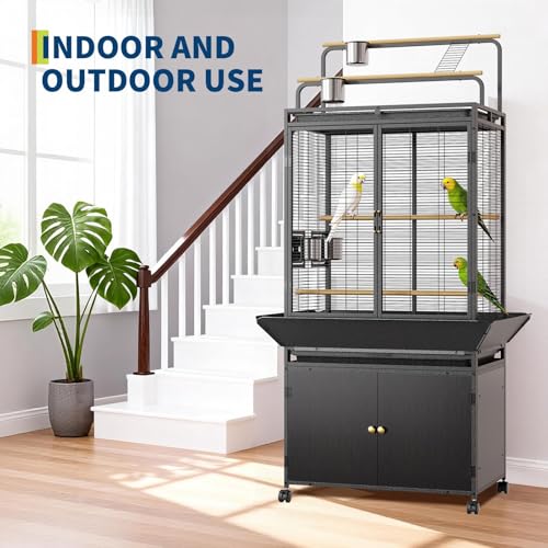 GarveeLife Large Bird Cage, Parakeet Cage with Play Top & Storage Cabinet, Indoor Outdoor Birdcage for Parrot, Cockatiel, Macaw Budgie, Black Walnut Wood