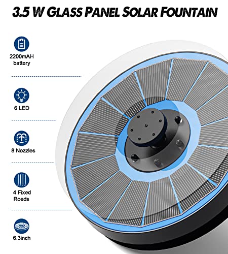 Yzert Solar Fountain Glass, 3.5W 2200mAh, Colorful Lights, Bird Bath | Floating Solar Water Fountain Blue Panel,for Garden, Pond, Pool, Outdoor