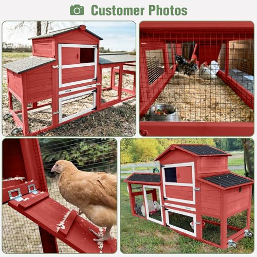 Mobile Chicken Coop with Wheels for 4-6 Chickens, Large Outdoor Hen House with Run, Weatherproof Roof, Sectionable Nesting Box, Pull-Out Tray, 83.3" L x 26" W x 42" H - Red - size: 83.3"L x 26.0"W x 42.0"H