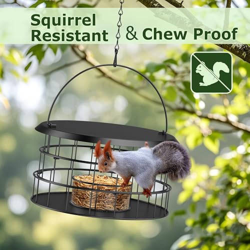 Hanging Bird Feeder, Metal Caged Squirrel Proof Bluebird Feeders Metal Mesh | All Metal, Cage Mealworm Bird Feeder with Tray, Squirrel Proof & Weatherproof, Easy to Refill & Clean