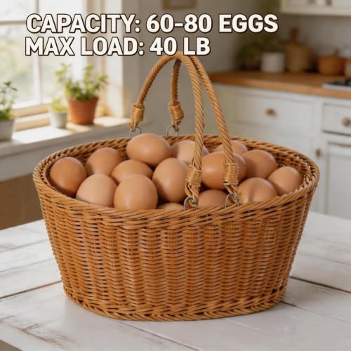 Chicken Egg Basket with Handle，Egg basket for gathering fresh eggs | Rustic woven egg basket with floral liner, holds 60-80 eggs, ideal for countertop display, collecting, or orchard harvesting