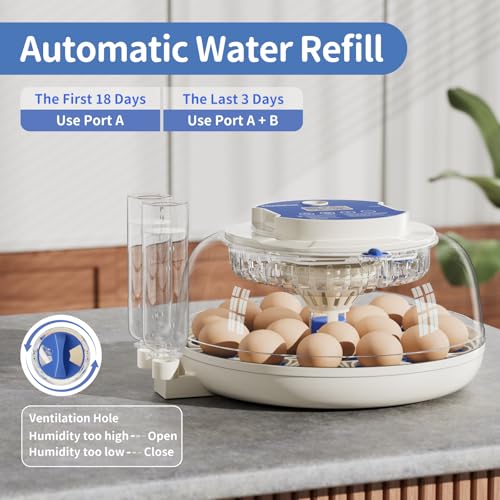 18 Egg Incubators for Hatching Eggs, Incubation Day Display, 2 Egg Trays, Automatic Egg Turning, Built-in Egg Candler, Auto Refill, Adjustable Air Vent, for Chicken, Quail, Duck, Turkey & Goose Eggs