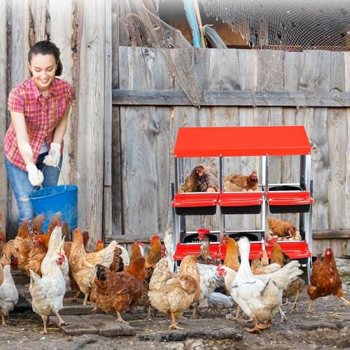 6-Compartment Chicken Nesting Boxes, Metal Hen Laying Boxes with Roll-Away Egg Tray, Lockable Lid, Easy-Clean Design for Coop and Farm - color: Red, size: 37.0"L x 16.5"W x 8.7"H