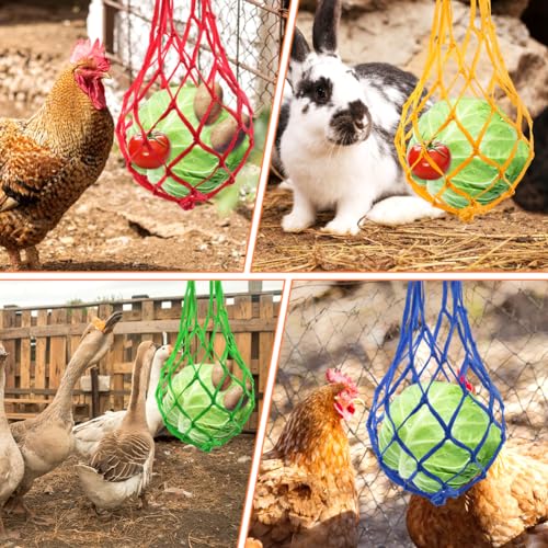 4pcs Chicken Vegetable Hanging Feeder Polyester Chicken Vegetable String Bag with Metal Hooks in Coop Veggies Holder Feeding for Poultry, Hens, Duck(4 Colors)