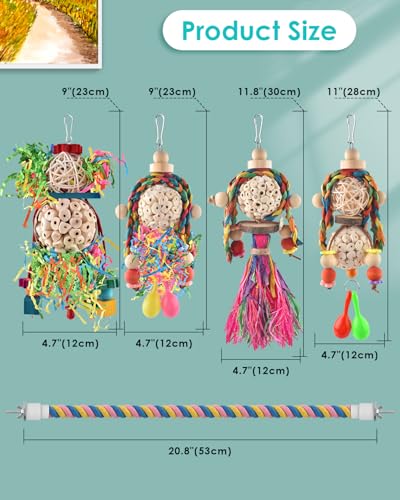 Bissap Conure Toys, 5 PCS Bird Foraging Shredder Hanging Swing Rope Perch Toys Sola Balls with Sand Hammer for Small Parrots Parakeets Conures Cockatiels Love Birds Cage Toy - size: 5 PCS