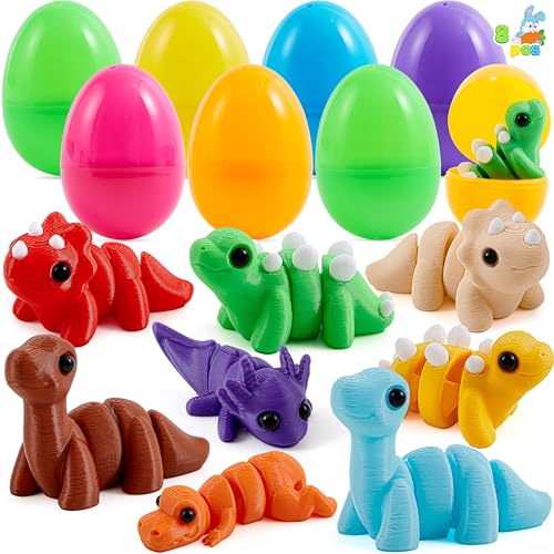 JOYIN 8 Pcs Prefilled Easter Eggs with 3D Printed Toys Mini Dinosaur, Articulated Toys, Basket Stuffers Fillers for Kids Party Favors, Stuffed Easter Egg, Classroom Prize Supplies(Age 8+)