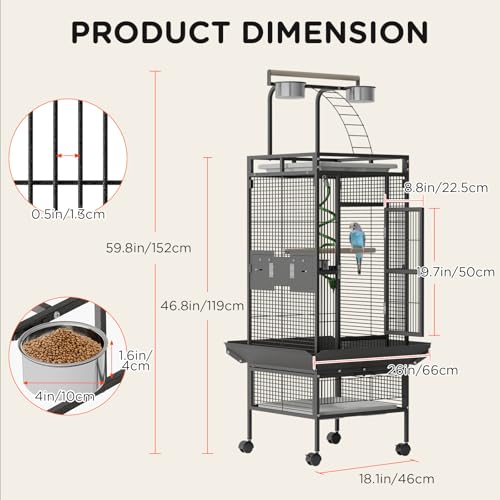 Garvee 60 inch Large Bird Cage with Rolling Stand, Metal Parrot Cage with Play Top & 4 Stainless Steel Bowls, Birdcage Pet House for Conure Cockatiel Parakeet Lovebird, Black | Play Top & 4 Stainless Steel Bowls, Rolling Birdcage Pet House for Conure Cock