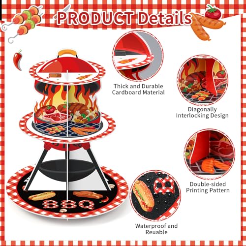 3 Tier BBQ Party Decorations Baby Q Baby Shower Cake Stand Barbecue Theme Summer Cupcake Tower BQQ Table Decor Red and Black Gingham Cake Holder for Summer Picnic Camping Party Decor Supplies - style: Bbq