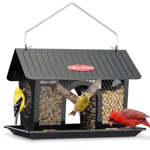 Kingsyard Wild Bird Feeder for Outdoors Hanging, All Metal | Dual-Use Mesh with 360° Feeding, Weatherproof Roof, 3 lb Seed Capacity, Garden Decor & Birding Gift, Black - color: Black