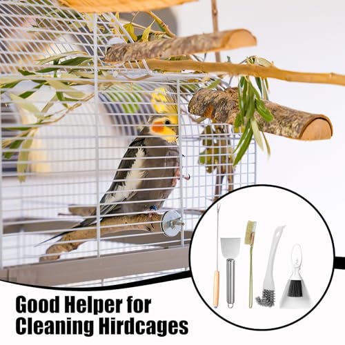5 Pcs Bird Cage Cleaner Set,Stainless Steel Poop Remover Bird Cage Accessories,Bird Cages Cleaning Brush & Scraper,Cleaning fork & shovel,Mini Dustpan and Broom Set,for Small Animal Cages Clean