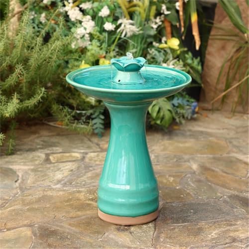 LuxenHome 22" Ceramic Bird Bath Fountain, Outdoor Water Fountain Birdbath | Glazed Jade Green Freestanding Waterfall Birdbath, Build-in LED Light and Pump, Garden Fountain for Backyard, Patio