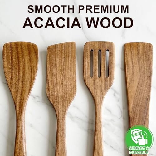 Non Toxic Wooden Spatula for Cooking Utensil Set Acacia Wood Spatula Set | 4 Pack Bamboo Cooking Spoon Flat Slotted Turner Spatulas for Kitchen Use Cast Iron Scraper Spurtle Thin Egg Flipper Spatula - color: 4Pcs-Spatula