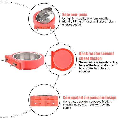 Crate Dog Bowl Removable Stainless Steel Water Food Bowls Cage Coop Cup for Cat Puppy Bird Pets (Large, Pink Orange with Corrugated Clip) - color: Pink with Corrugated Clip, size: Large
